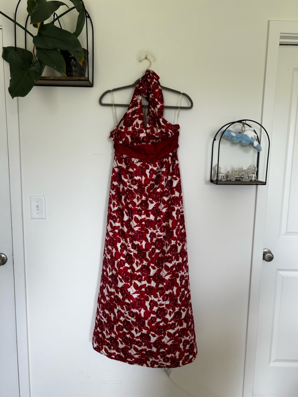 Vintage‎ Forever21 100% Silk Red & White Floral Rose Print Halter Maxi Dress Med